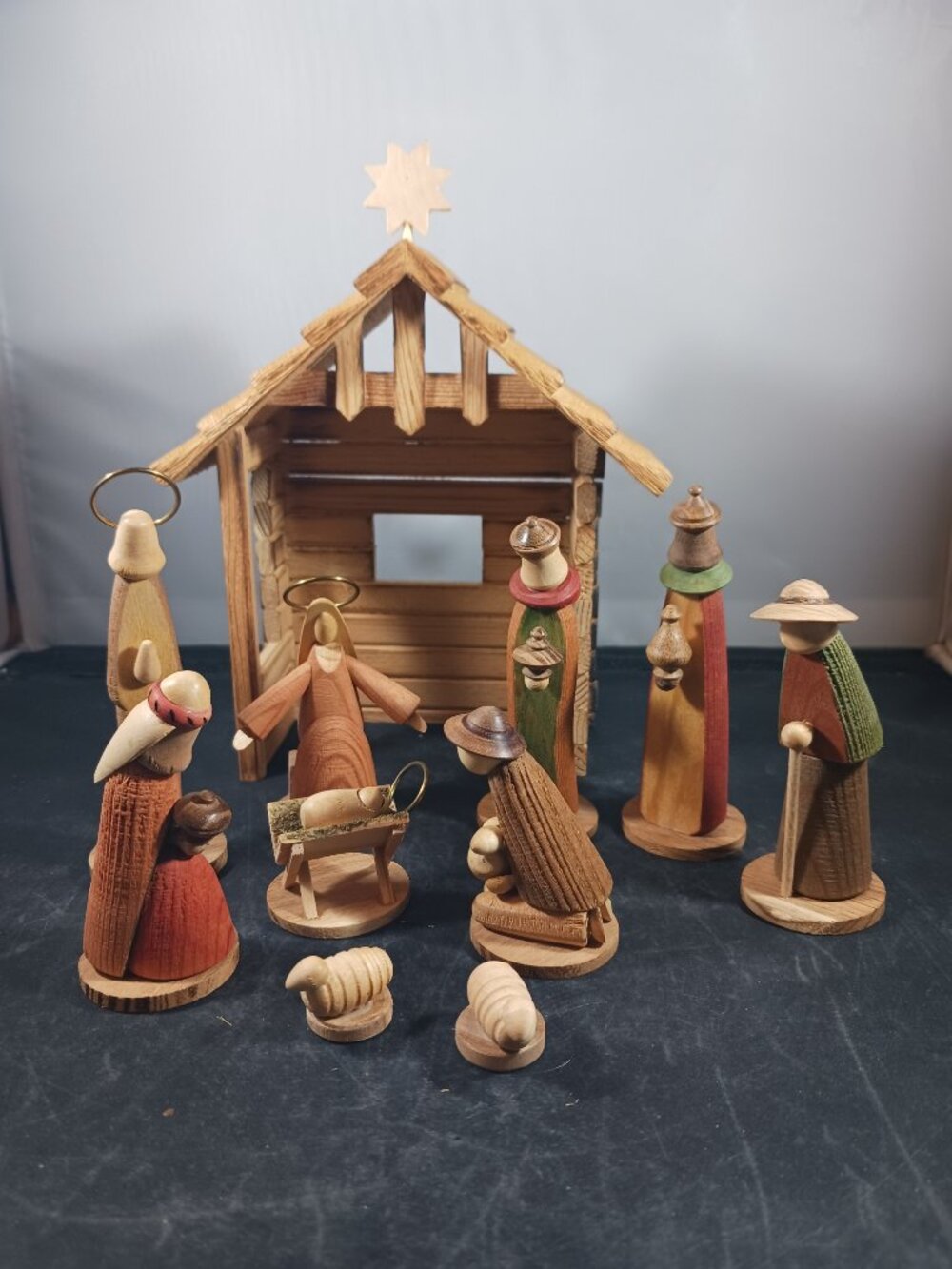 Vintage Mini Wooden Folk Art Nativity Set Hand Carved Figurines 11pcs